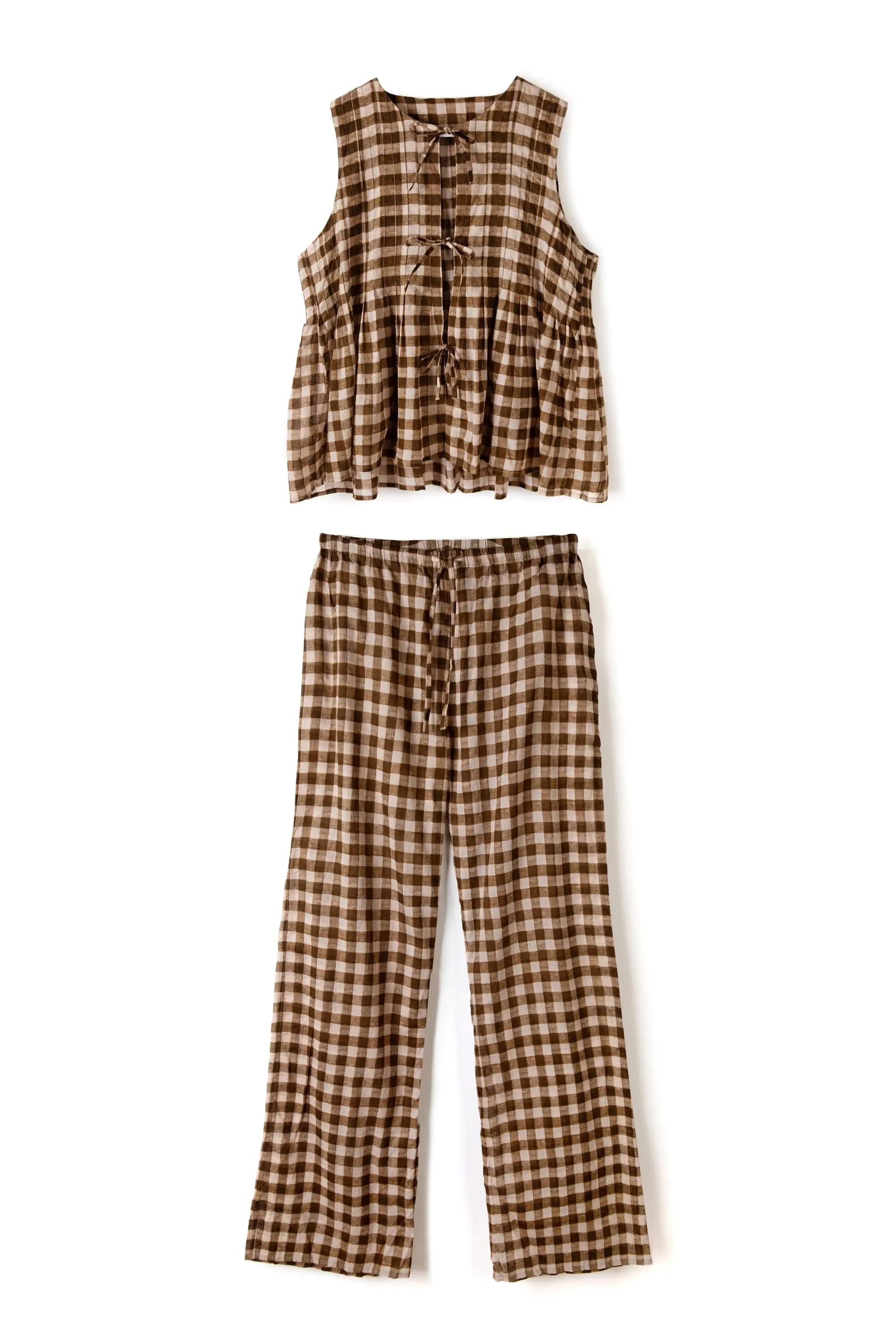 Pleated Cami Lounge Set Gingham Brown and Cream