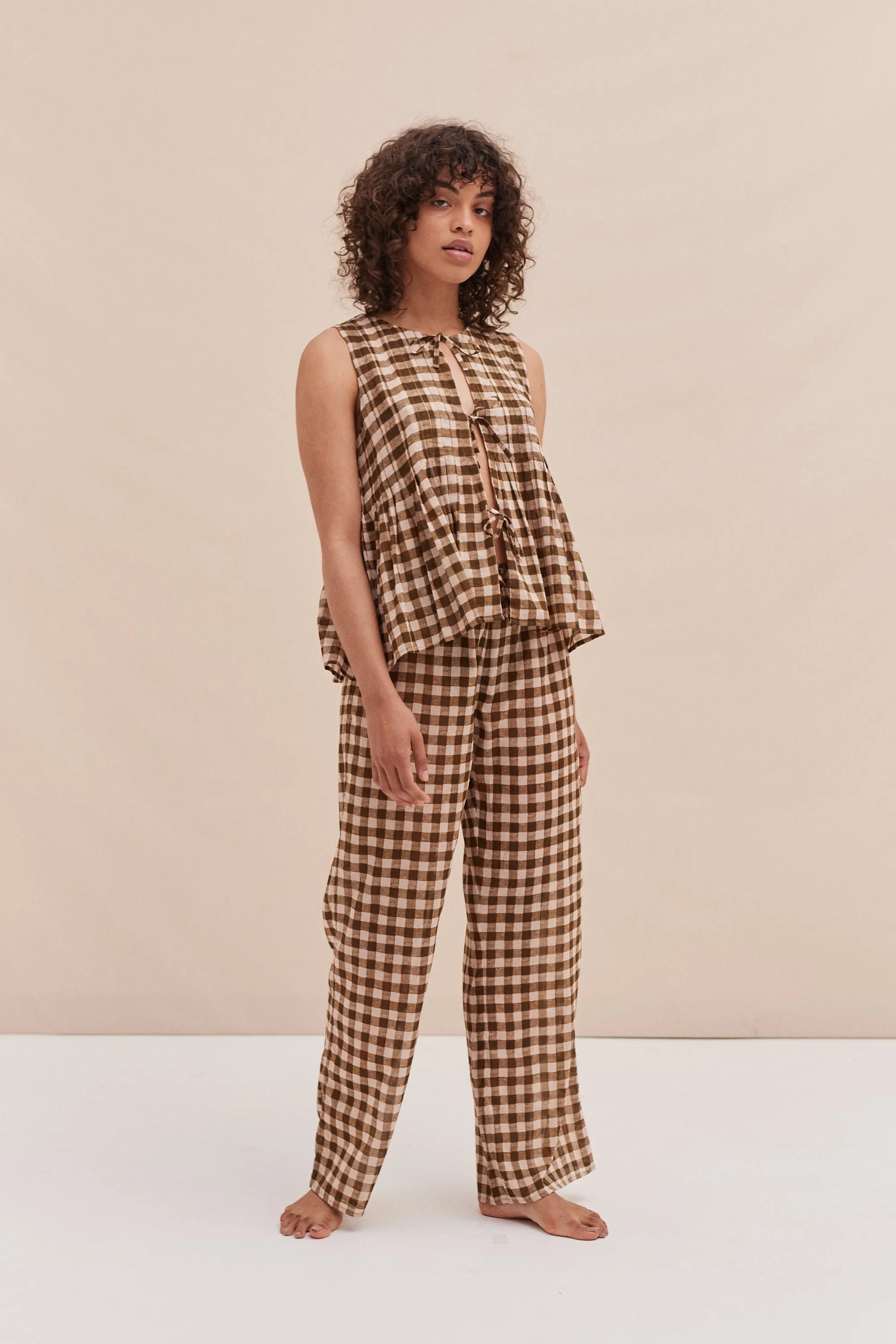 Pleated Cami Lounge Set Gingham Brown and Cream