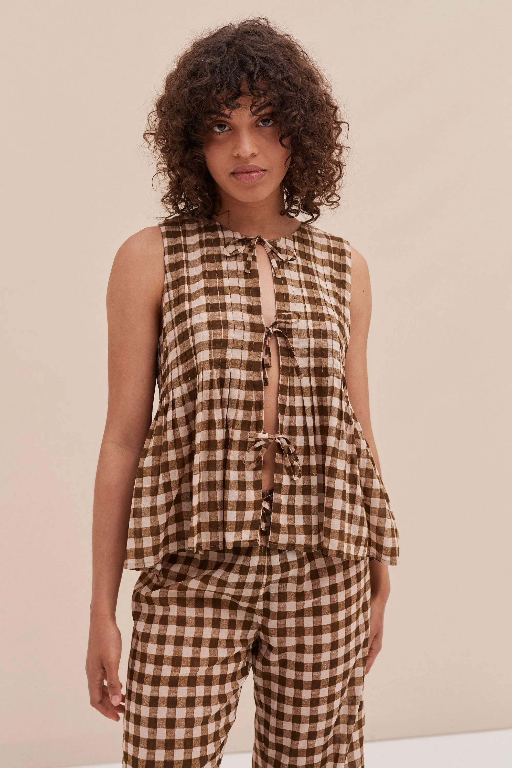 Pleated Cami Lounge Set Gingham Brown and Cream