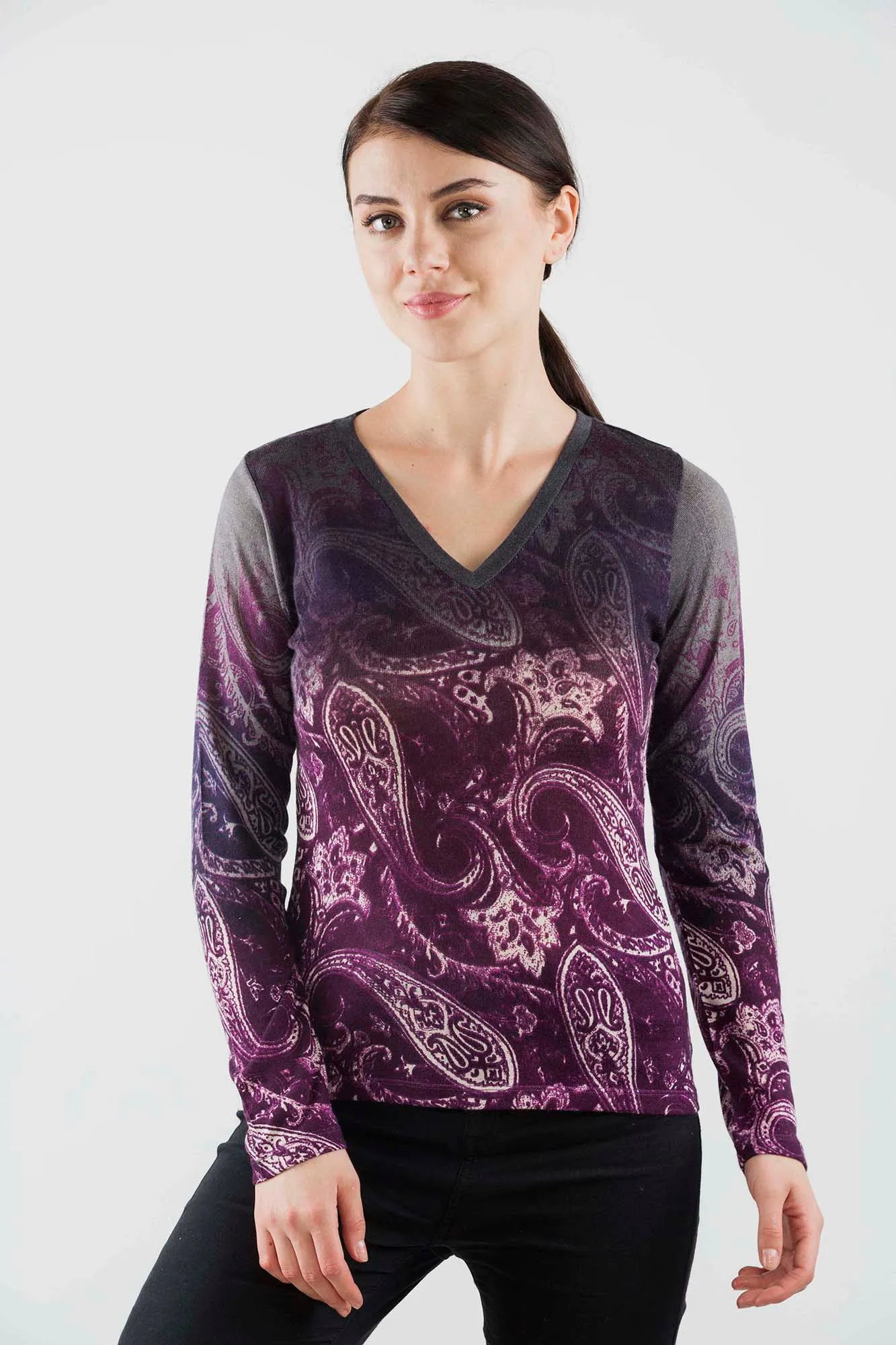 Purple Grey Paisely Silk Wool Cashmere Sweater