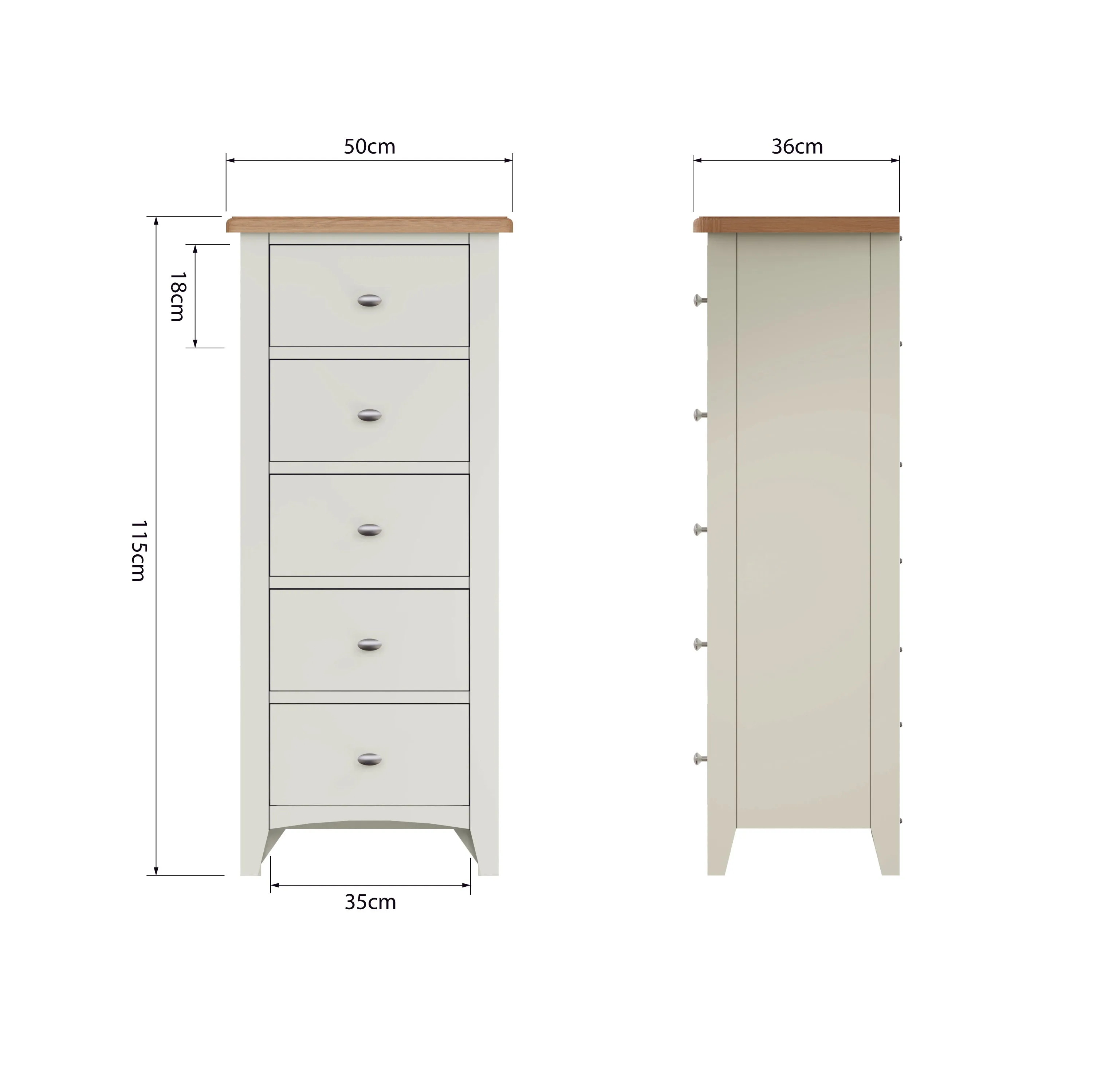 Salisbury Pure White Chest of 5 Drawers - Narrow 50 x 36 x 115 cm