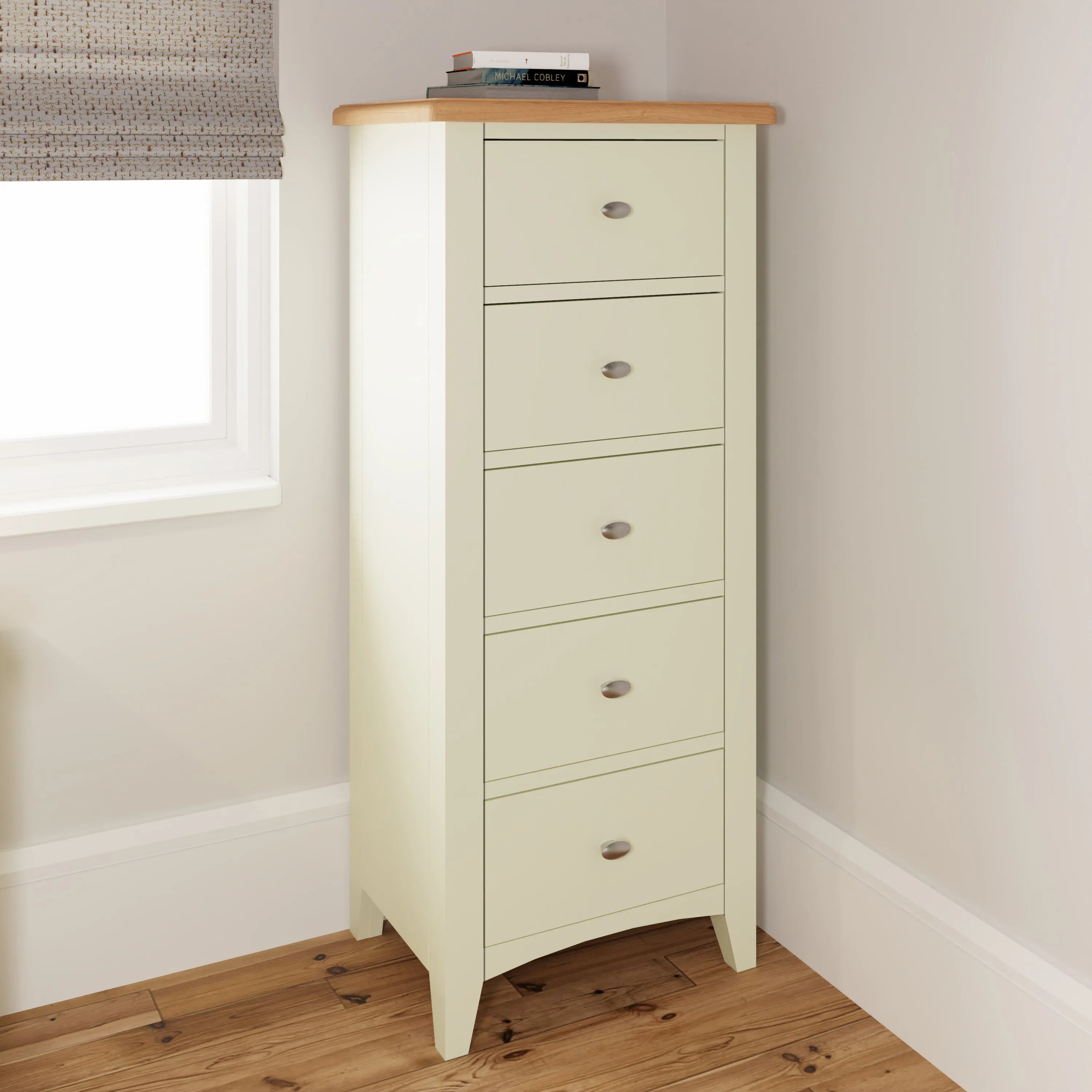 Salisbury Pure White Chest of 5 Drawers - Narrow 50 x 36 x 115 cm