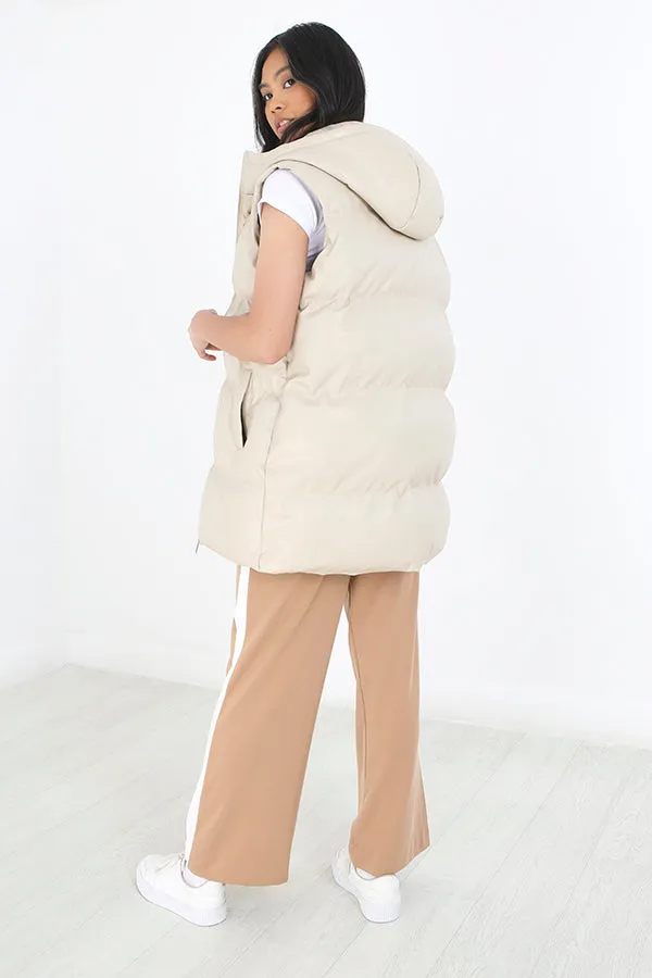 STONE MATTE FAUX LEATHER LONGER LENGTH PUFFER GILET