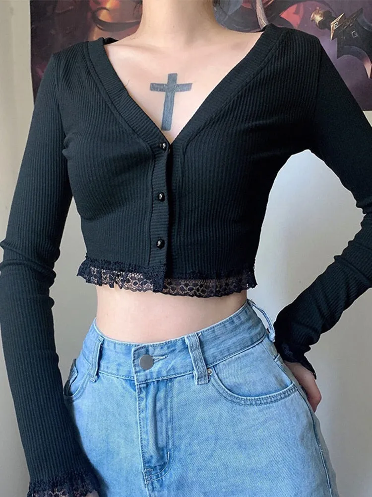 V- Shaped Alt Black Knitted Cardigan Top