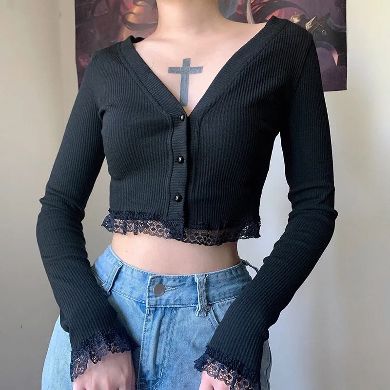 V- Shaped Alt Black Knitted Cardigan Top